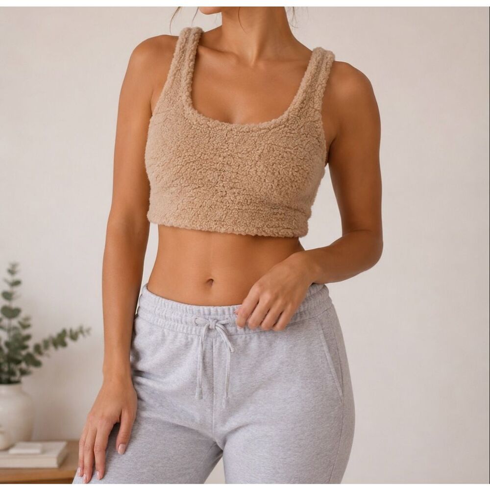 Gilly Hicks Sherpa Fleece Tank Top Size S Tan Cozy Cropped Teddy NWT